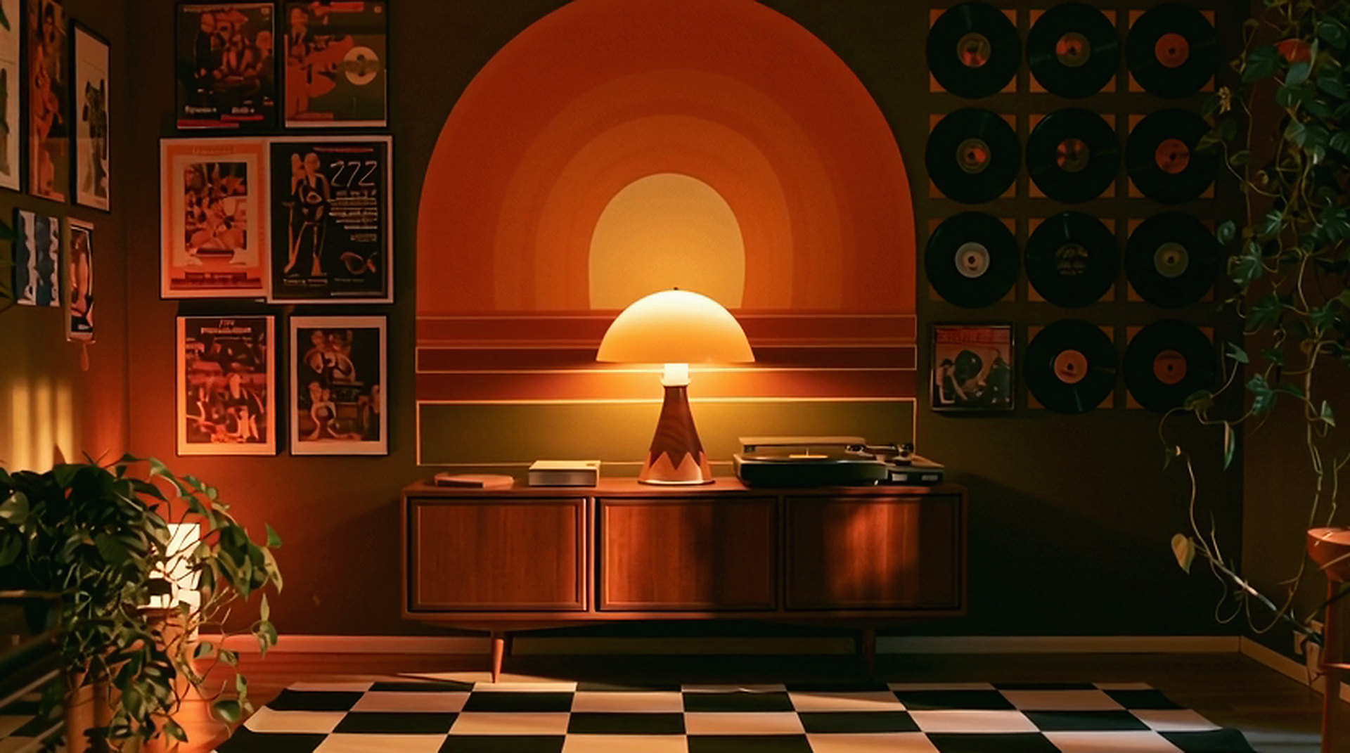 A warm 1970s home music studio at night, one lamp lit